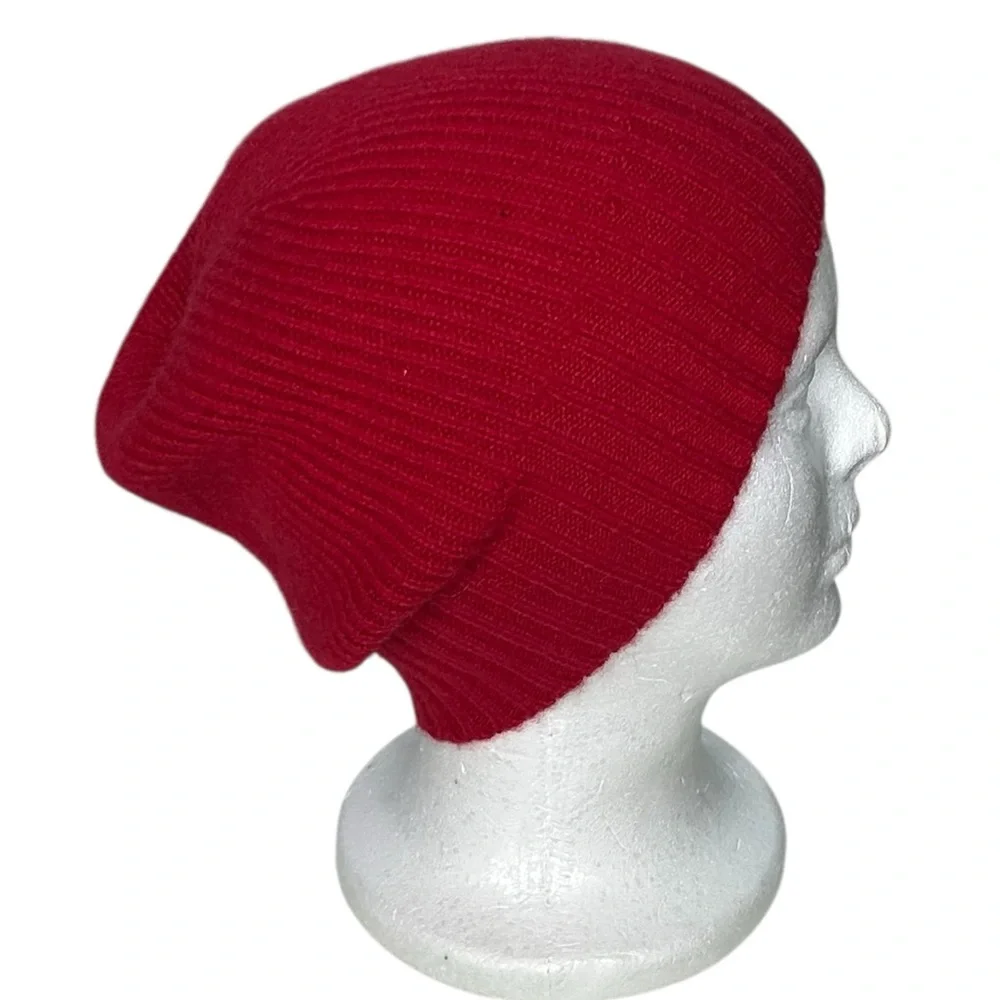 Nordstrom 100% Cashmere Ribbed Knit Beanie Hat Red Slouchy or Cuffed OS NWT